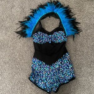 black velvet biketard dance costume w/ purple and blue jewels and feathers